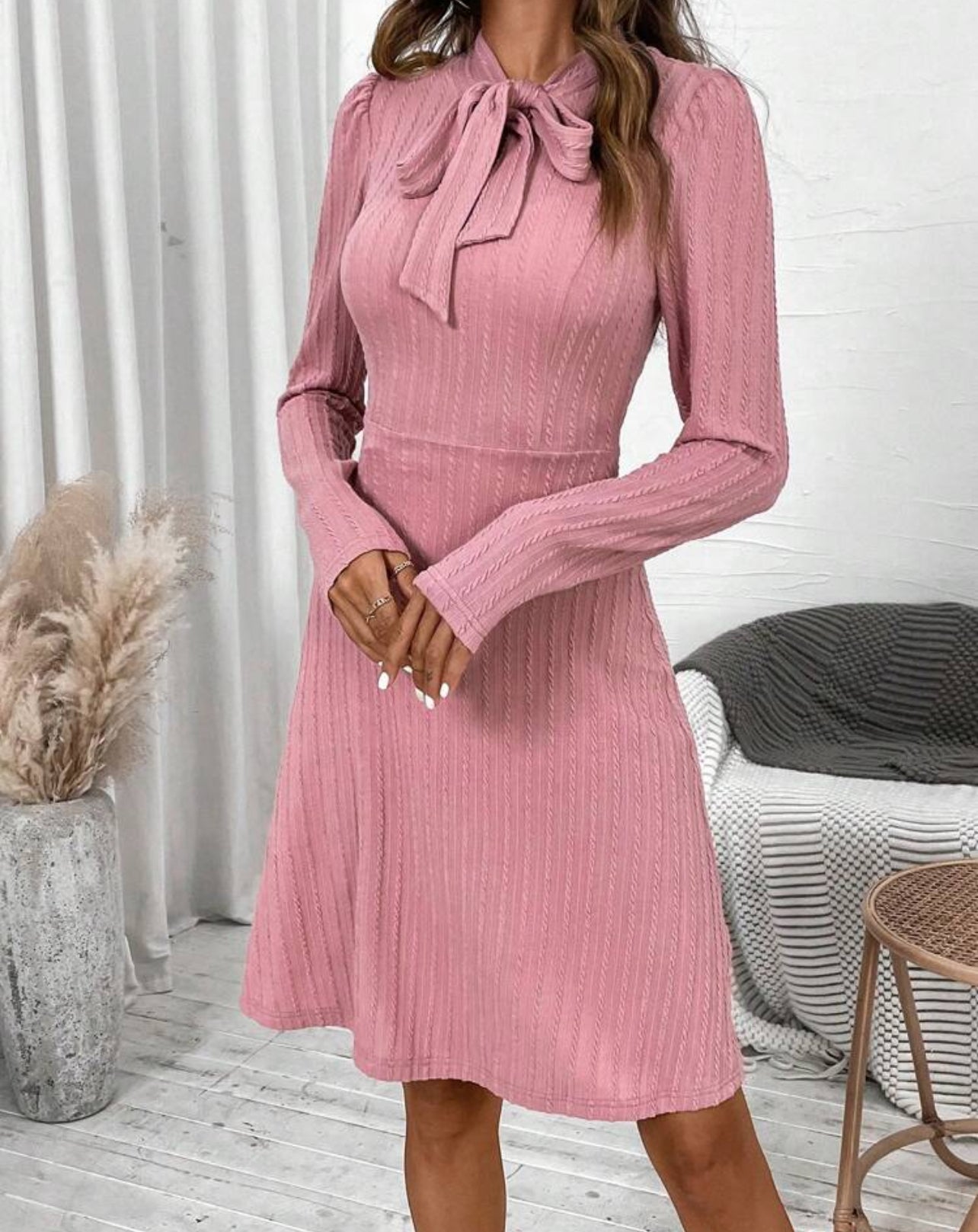 SH Clasi Tie Neck Cable Knit Dress