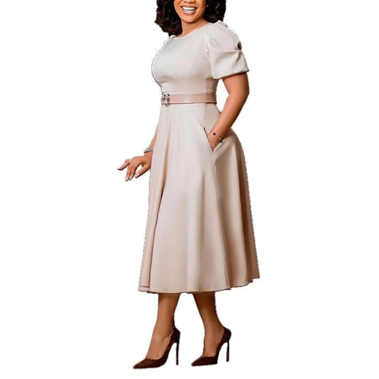 Elegant Puff Sleeve A-Line Dress - Off White Medium