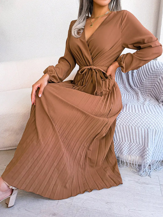 V-Neck Flowing Pleated Maxi Dress